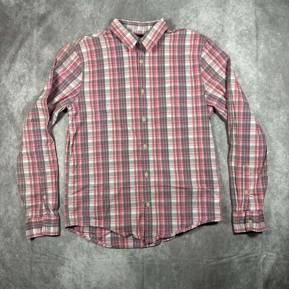 Lucky Brand Saturday Stretch Pink Grey Plaid Button Down Flannel Women M Western